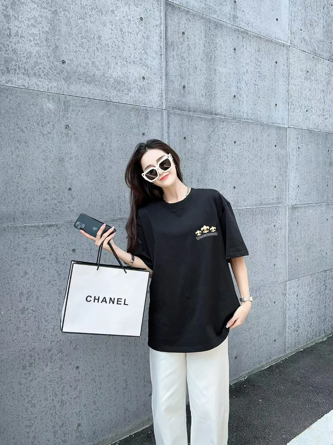 🅿️170 [CH Crow Heart] 2025FW short-sleeved T-shirt, letter LOGO printing, high-end 26s double yarn 300g fabric, heavy fabric, custom stretcher rib, same vat and dye, complete three standards, same style for men and women, color: black, white, size: S M L XL 2XL